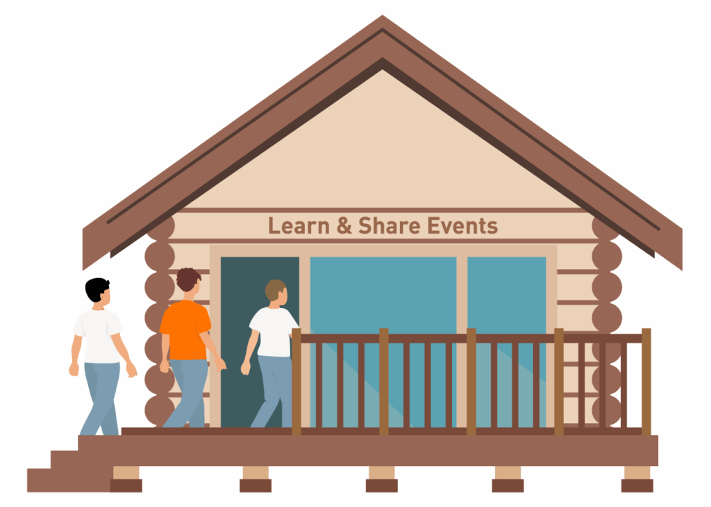 animierte-holzhuette-menschen-aufschrift-lean&share-events-fuer-wissensmanagement