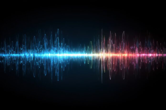 Dynamic audio soundwave scope signal displayed as an abstract visual representation showing variations in amplitude and frequency over a dark background
