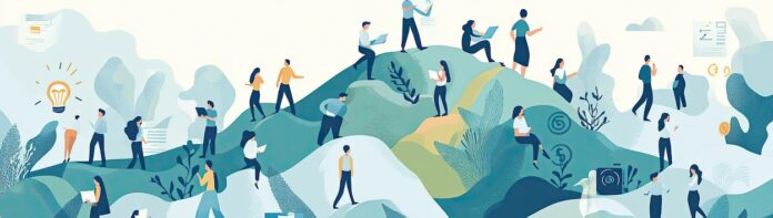 Diverse group of people working together on a stylized landscape